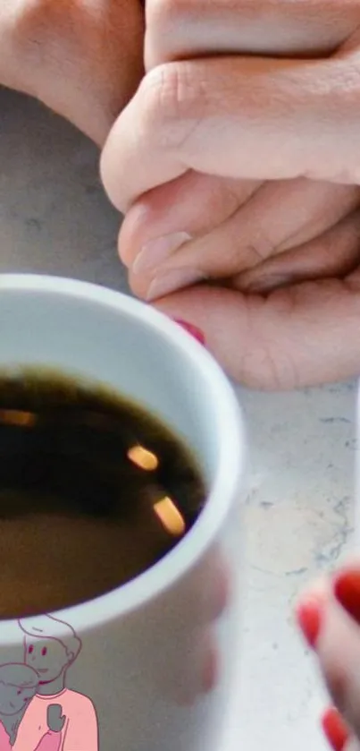 Romantic coffee moment with hands and mugs.