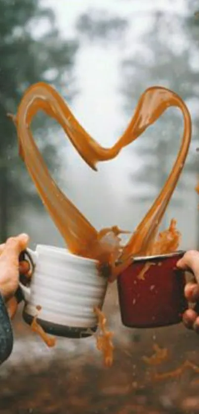 Romantic coffee splash forming heart in a misty forest setting.