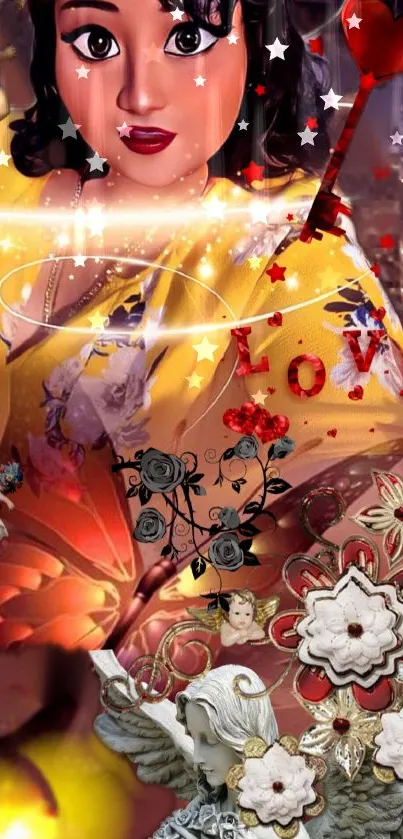 Romantic vintage collage with floral art and vibrant colors for mobile wallpaper.