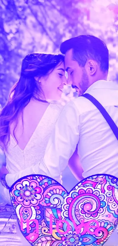 Romantic couple embraced in a purple hue with colorful heart design.