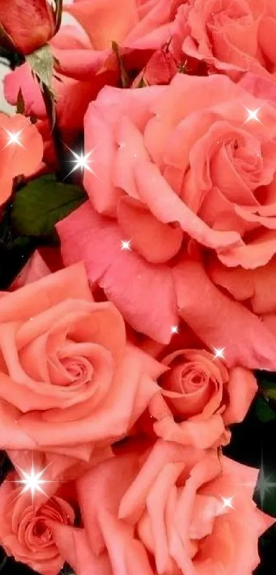 Mobile wallpaper of a coral rose bouquet with lush petals and green leaves.