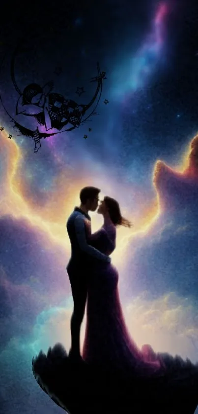 Silhouetted couple under galaxy sky, embracing in cosmic romance.