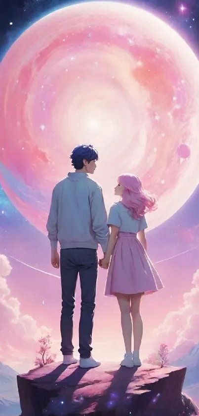 A couple holding hands, gazing at a large cosmic moon in a pastel-colored sky.