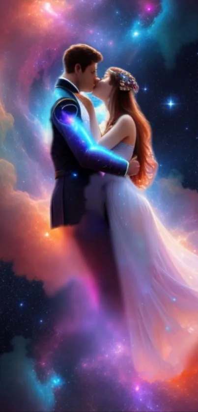 Romantic couple embraced in a cosmic space scene.