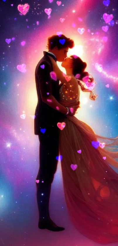 Romantic couple dancing in a colorful cosmic backdrop.