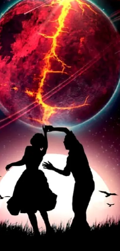 Couple dancing under a red planet in a cosmic backdrop.