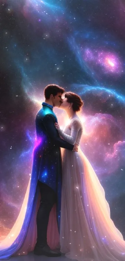 Romantic couple kissing under a cosmic nebula sky.