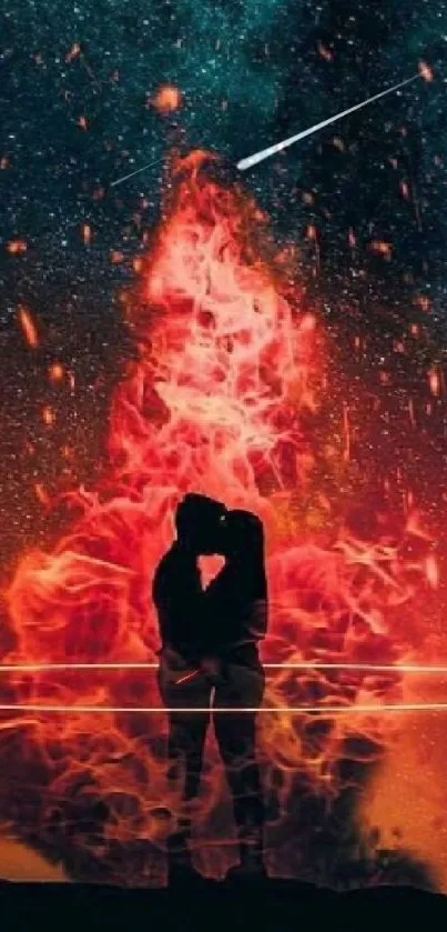 Romantic couple silhouette with cosmic fire and starry sky.