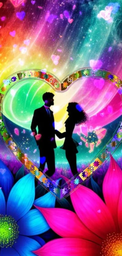 Romantic cosmic wallpaper with hearts and flowers.
