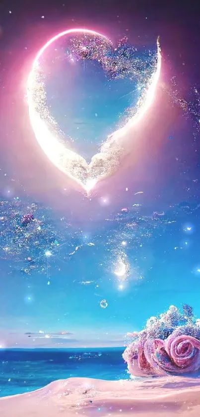 Romantic wallpaper with a cosmic heart glowing in the night sky.