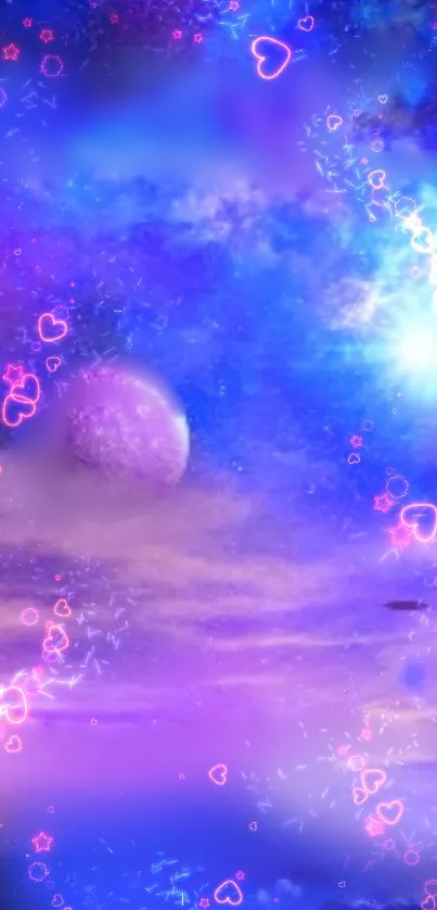 Dreamy purple and blue cosmic wallpaper with heart motifs and stars.