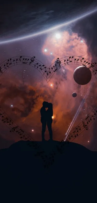 Romantic couple silhouetted in cosmic heart with musical notes and planets.