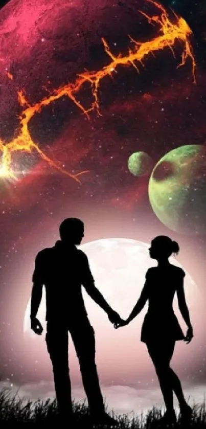 Romantic silhouette couple under vibrant cosmic sky with planets.