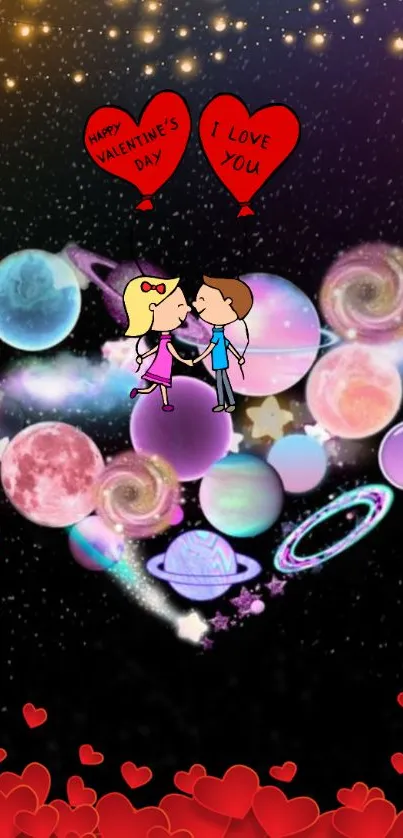 Valentine's themed wallpaper with cartoon couple and cosmic elements.