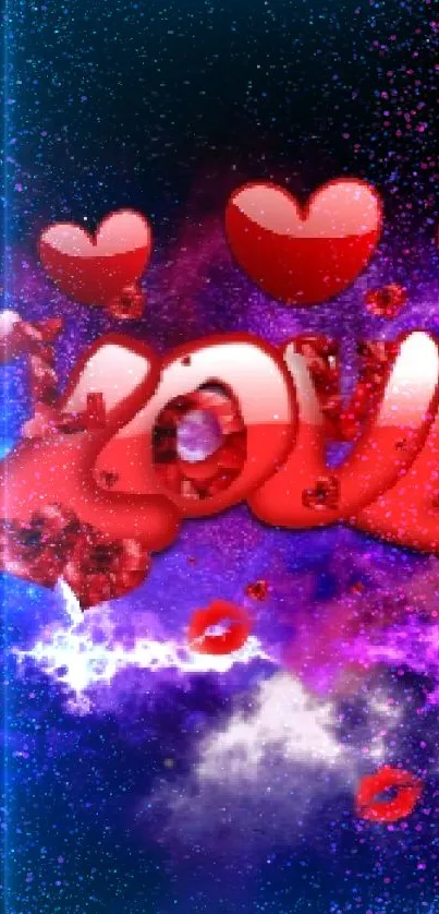 Red hearts with 'Love' text against a cosmic galaxy backdrop wallpaper.