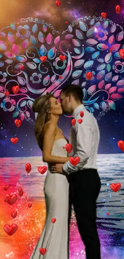 Romantic couple kissing under a colorful cosmic sky with heart design.