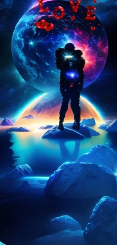 Romantic cosmic lovers wallpaper with neon blue and purple hues.