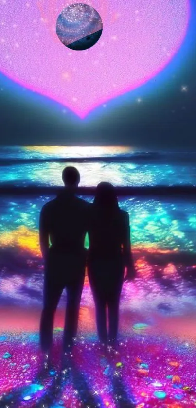 Romantic cosmic ocean scene with neon colors and heart above the sea.