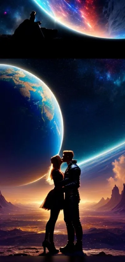 Couple silhouetted against space with planets and cosmic sky.