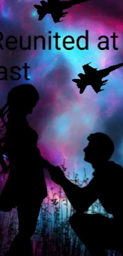 Silhouette couple under cosmic sky with jets.