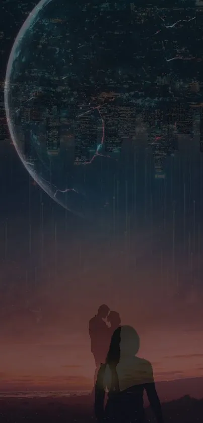 Romantic silhouette with cosmic cityscape in the background.