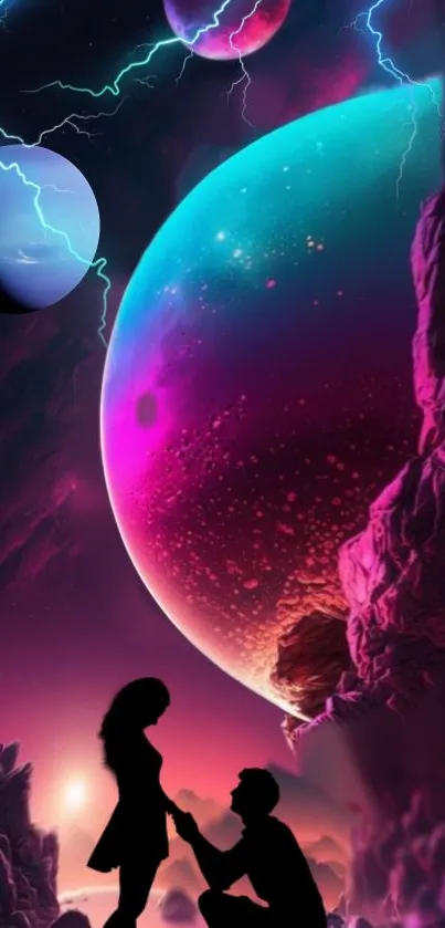 Silhouette couple under vibrant cosmos with planets.