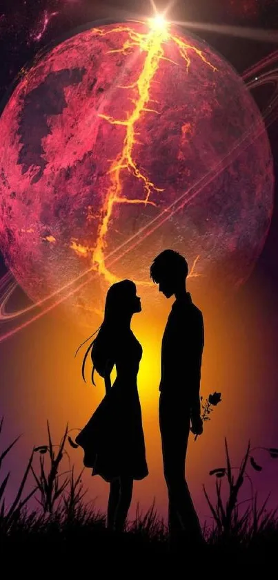 Silhouette of couple beneath a luminous crimson planet.