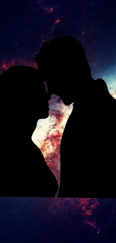 Silhouette of a couple against a cosmic starry background wallpaper.