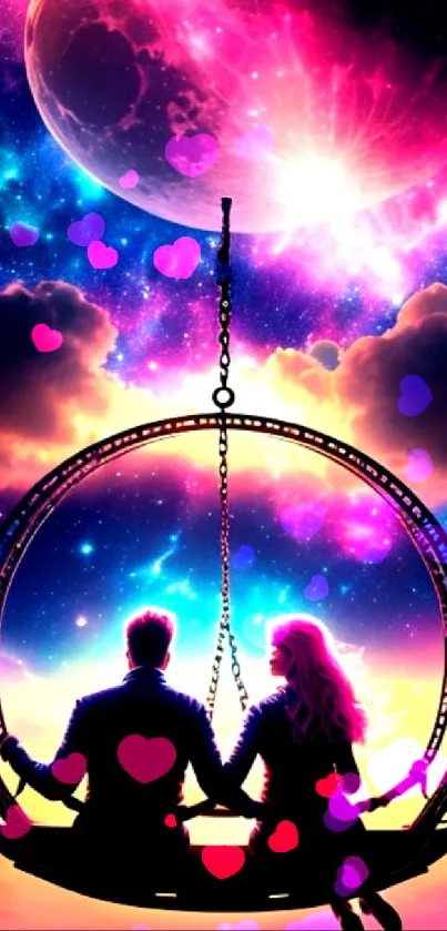 Couple on a cosmic swing under a vibrant, colorful sky with stars and a moon.