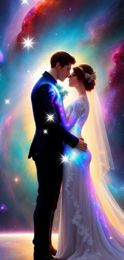 Couple in wedding attire with a cosmic backdrop, embracing under a starry sky.