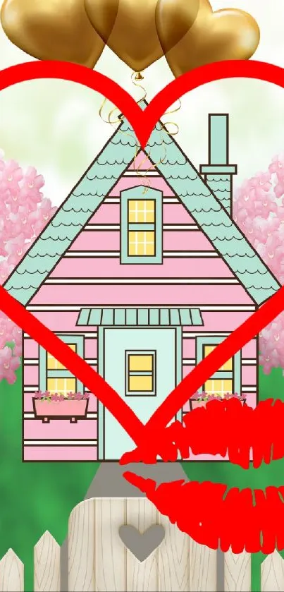 Cute pink cottage with heart and balloons in artistic wallpaper design.