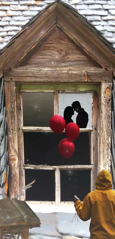 Romantic rustic window with red balloons.