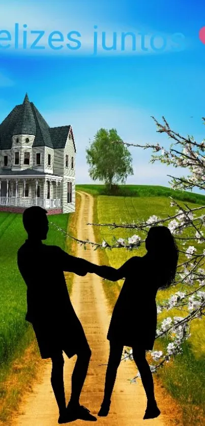 Romantic couple silhouette on countryside path with house and blue sky.