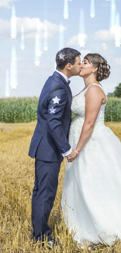 Romantic couple in a field with haybales, perfect for a wedding wallpaper.