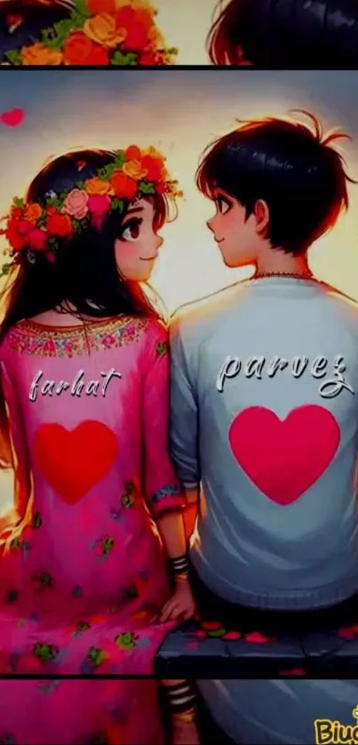 Romantic couple animated wallpaper with vibrant colors and heart design.