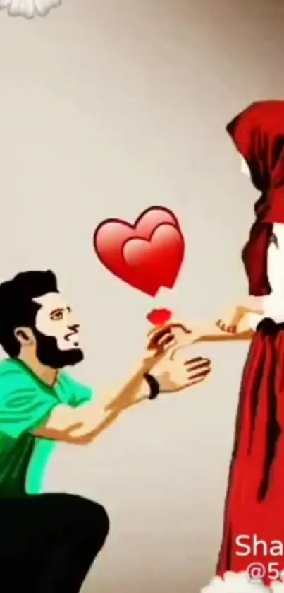 Animated couple in a proposal scene with heart.