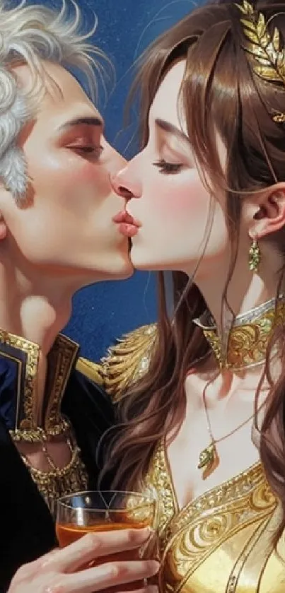 Romantic couple kiss in elegant art piece.