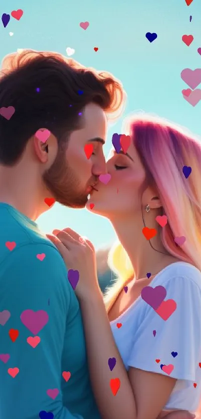 Romantic couple kissing at sunset with a colorful sky as the backdrop.