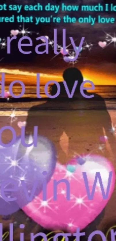Romantic sunset beach wallpaper with a couple silhouette and love graphics.