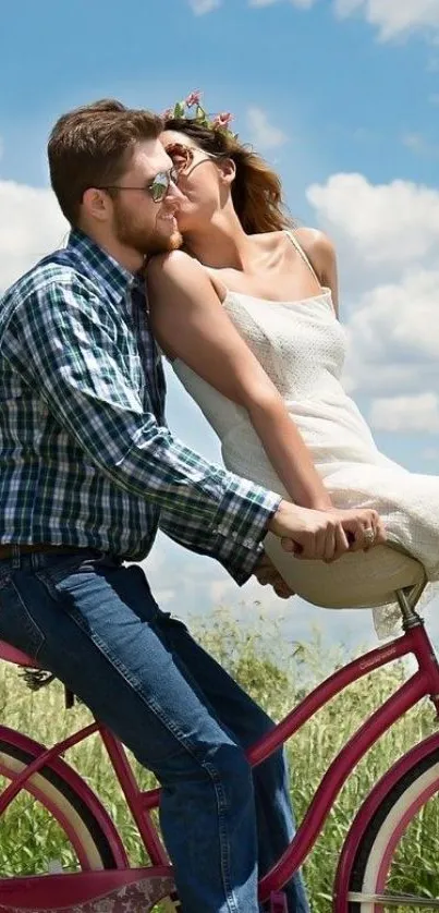 Couple joyfully riding a bicycle under a bright blue sky.