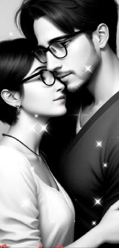 Black and white mobile wallpaper of a romantic couple embracing.