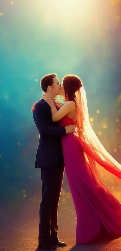 Couple embracing in a dreamy, vibrant background.