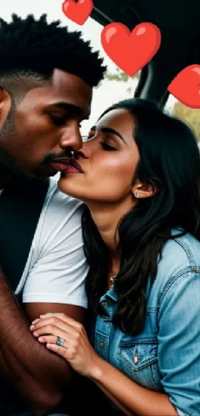 Couple romantically kissing in a car with hearts.