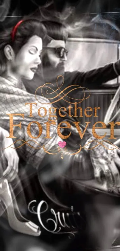 Romantic couple in car with 'Together Forever' text on mobile wallpaper.