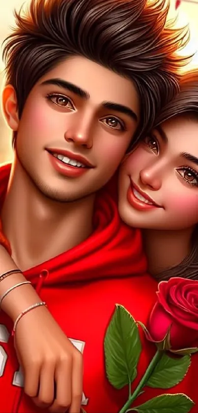 Romantic couple with red rose digital art wallpaper.