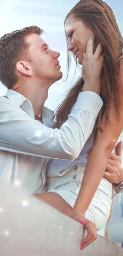 Romantic couple embracing in soft, light blue tones.