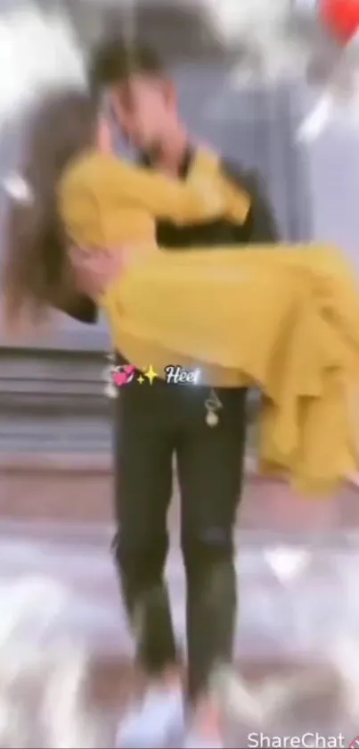 Blurred image of a couple in a romantic embrace with a yellow dress focus.