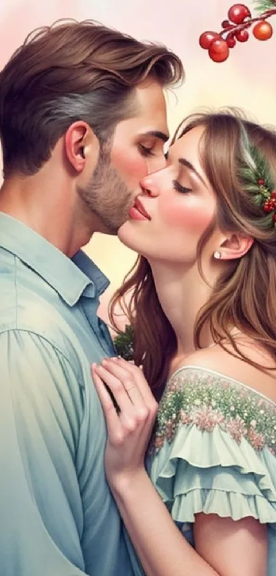 Romantic couple sharing a gentle kiss among pastel tones and floral accents.