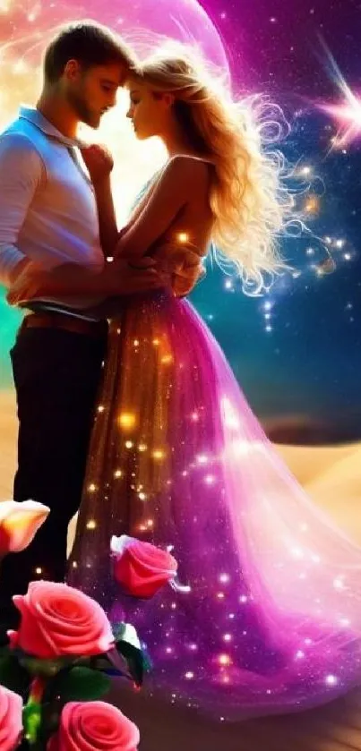 Romantic couple in a dreamy, colorful fantasy setting under a starry sky.