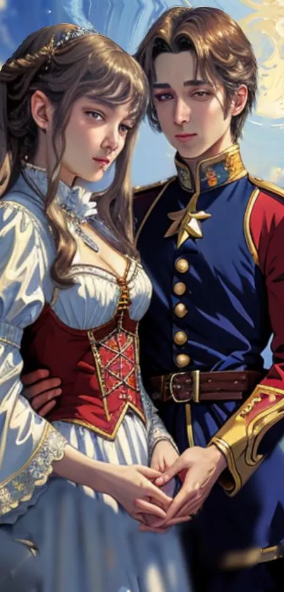 Romantic couple in fantasy attire under celestial sky.